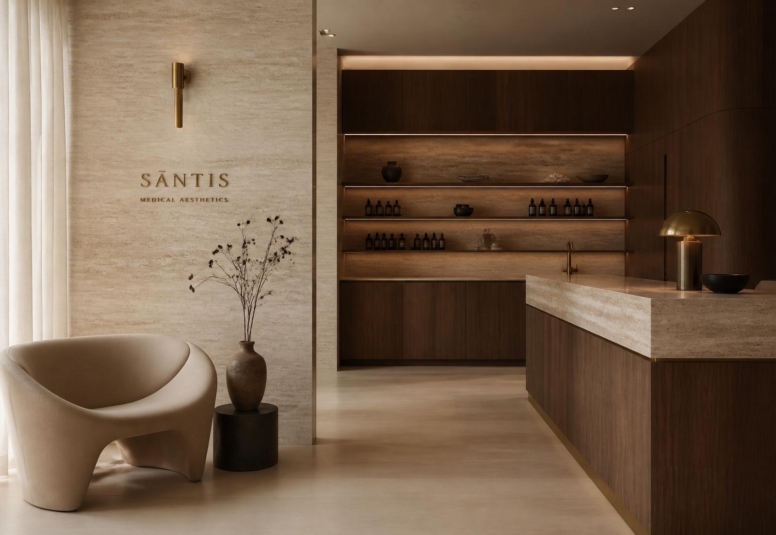ORA clinic interior — travertine, walnut, brass